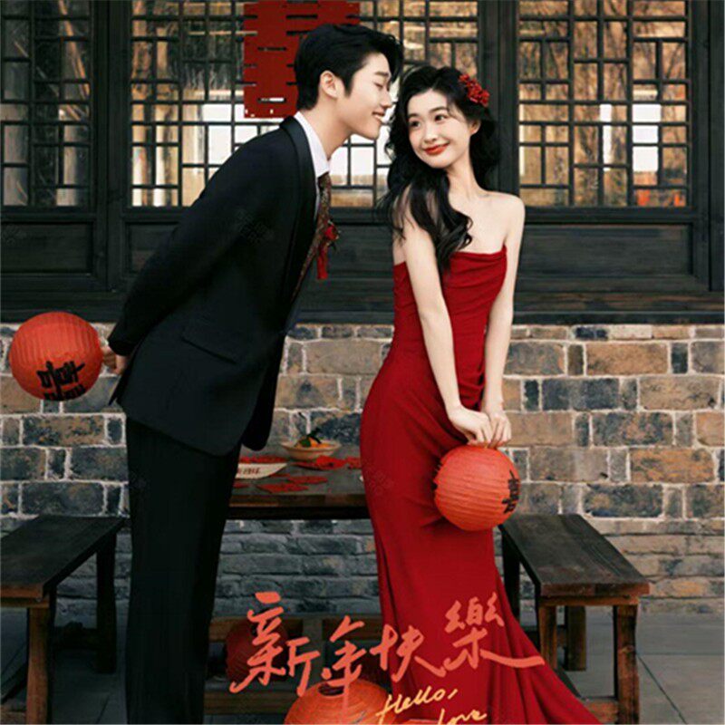 影楼新款婚纱照红色新中式国风复古晨袍回门订婚超甜鱼尾修身礼服