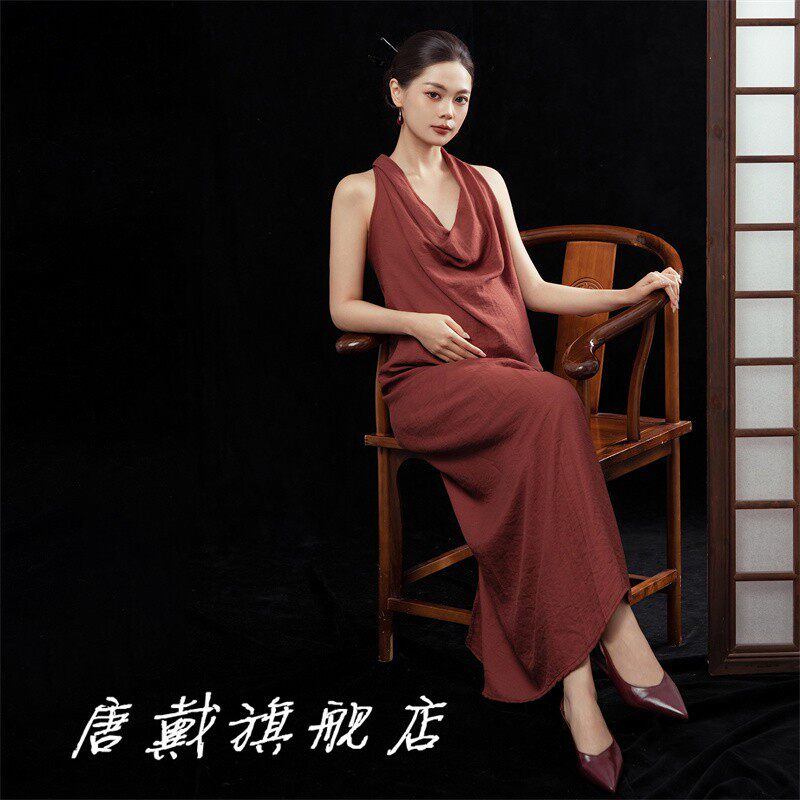 孕妇主题影楼服装新款孕妇装红色挂脖无袖连衣裙气质风个人摄影服