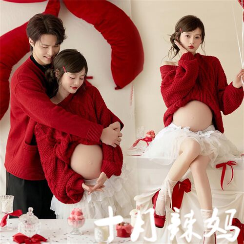 新款影楼孕妇拍照服装新年主题红色情侣孕妇照毛衣套装摄影在家拍