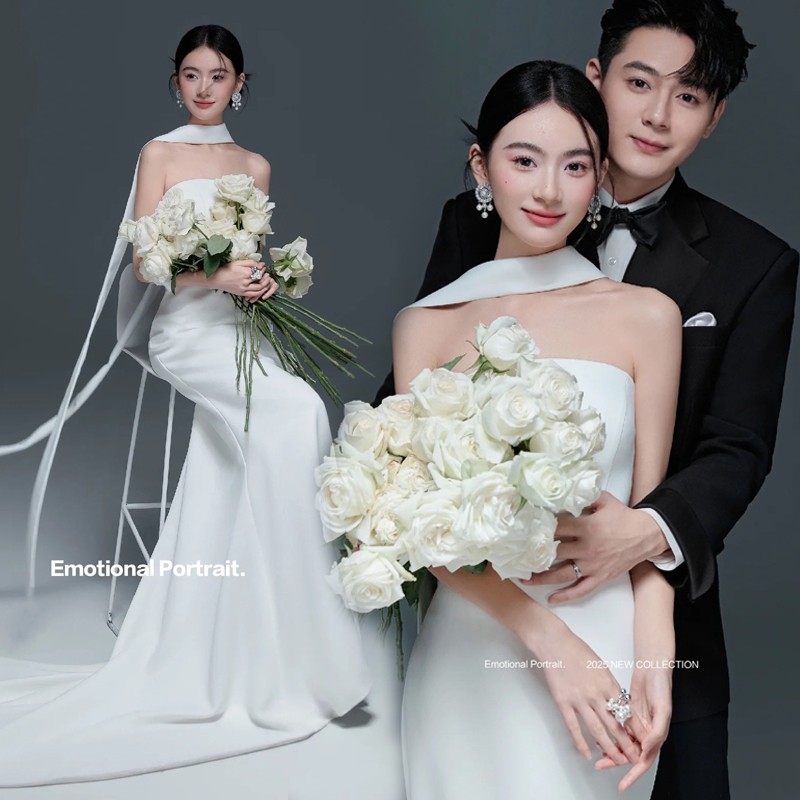 新款照相馆主题情侣拍照婚纱气质高级感缎面鱼尾裙抹胸飘带韩式礼