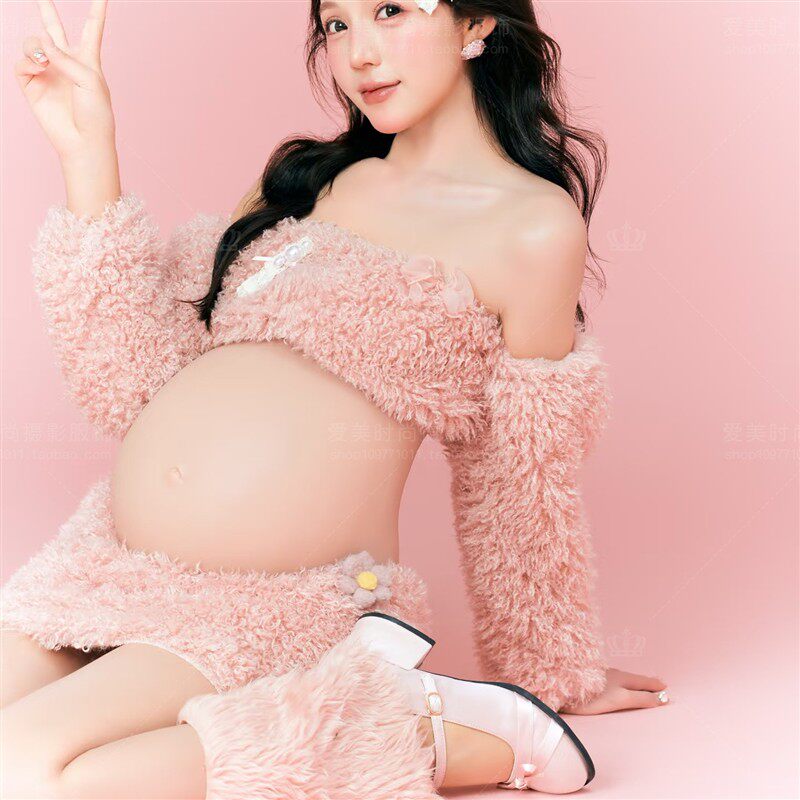 孕妇装主题影楼写真甜美可爱风毛绒套装粉色孕妈咪艺术照摄影服装
