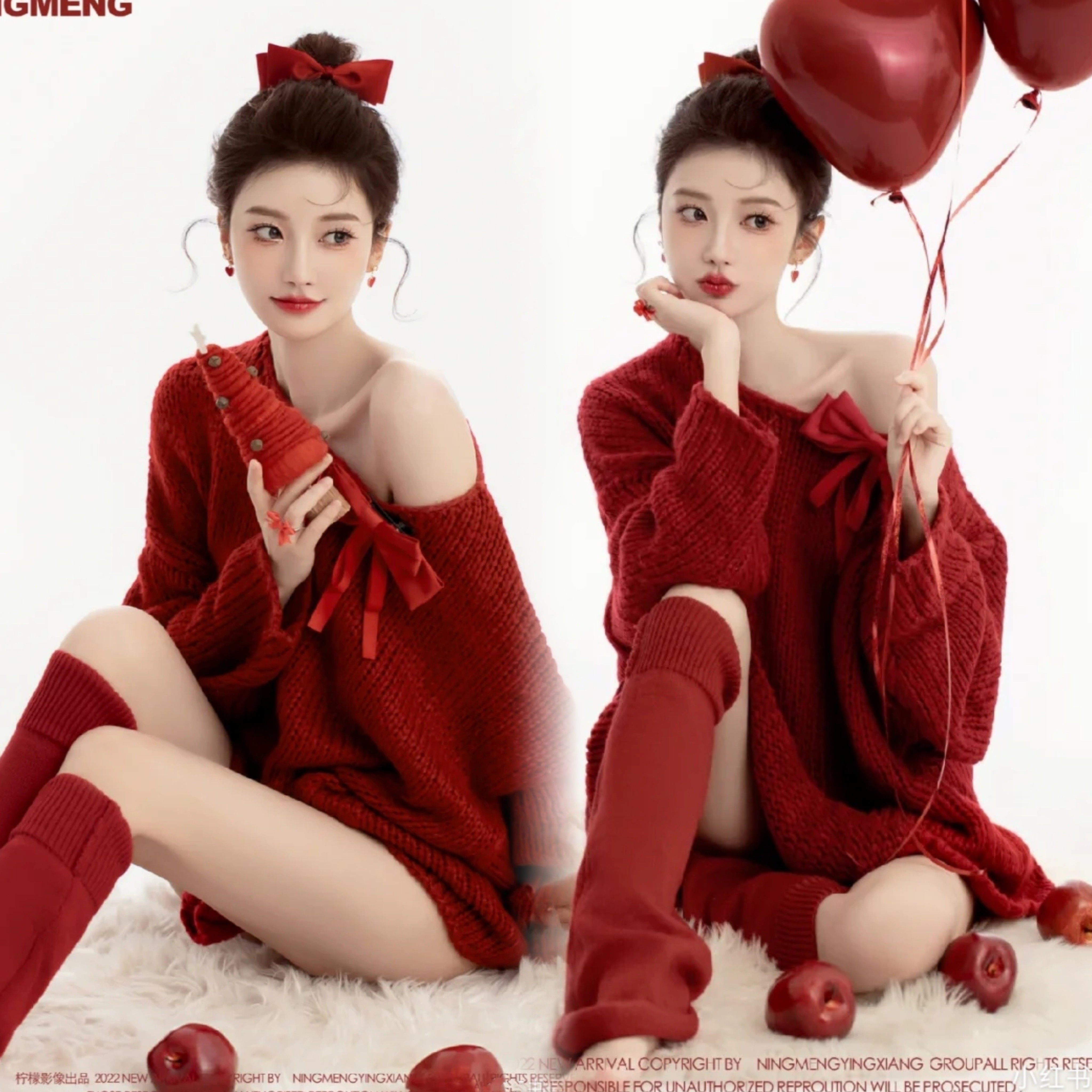 照相馆秋冬新款新年耶诞写真主题服装红色毛衣个性女孩艺术照摄影