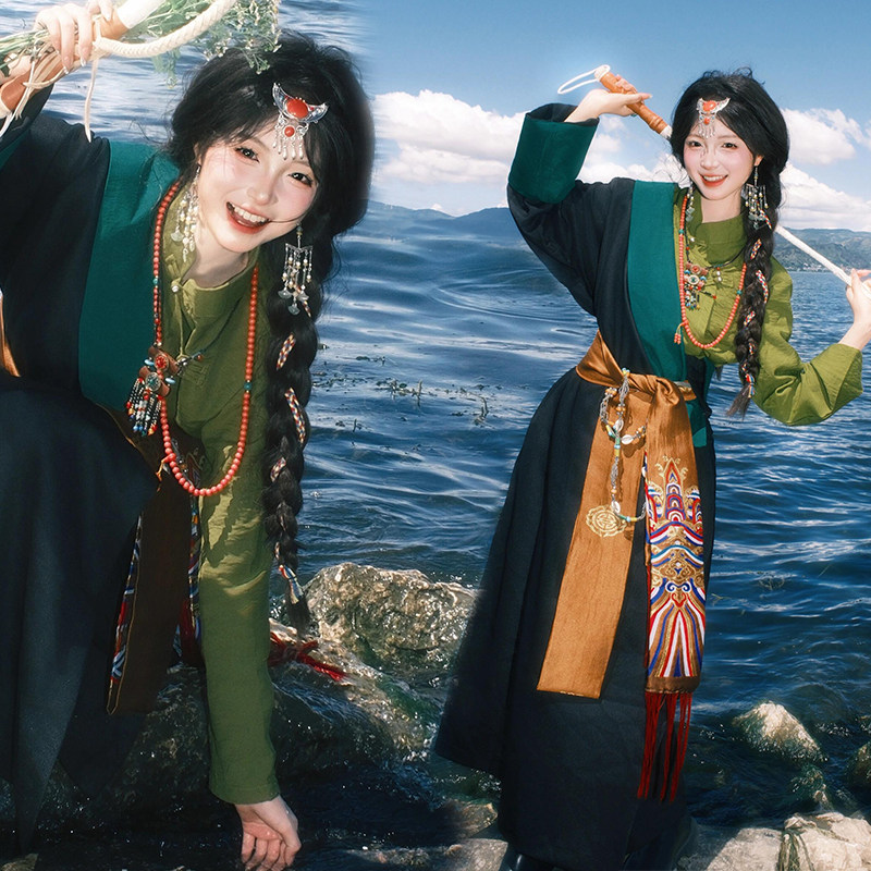 藏族服装女新款藏袍海边旅拍云南西藏民族风藏服小清新少女写真服