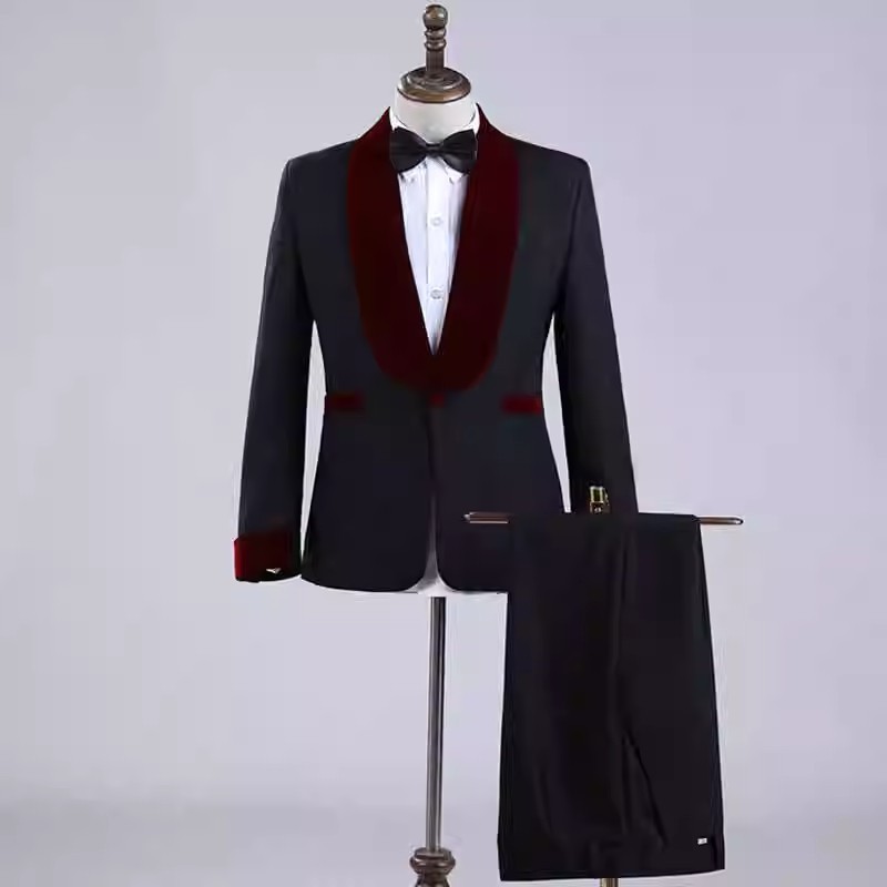 中式黑色青果领丝绒西装男修身婚礼伴郎礼服照相馆拍照商务休闲西