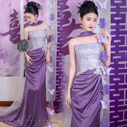 新中式紫色晨袍抹胸高级感敬酒服新娘订婚晚礼服裙女高端轻奢小众