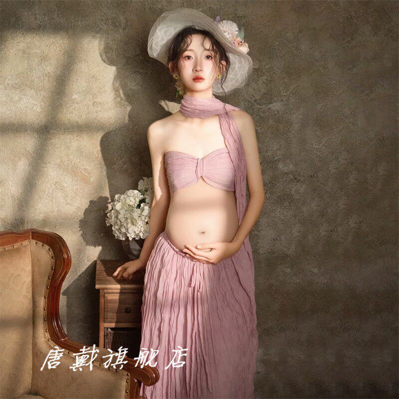 照相馆孕妇照服装新款法式复古仙气粉色棉麻裙套装孕妈咪衣服在家