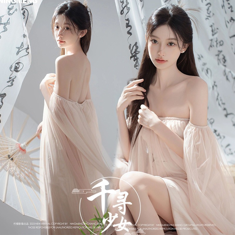 新款影楼新中式水墨画复古风一字肩竹叶纱裙个人写真艺术照摄影服