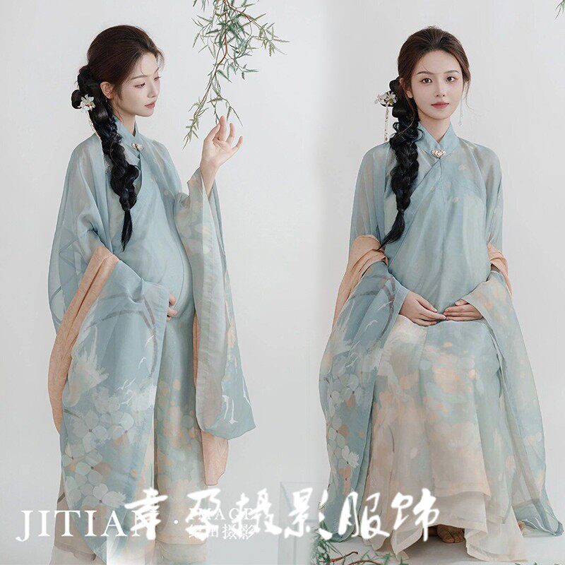 孕妇拍照服装影楼新款复古新中式古风茶染飘逸孕妈大肚照写真汉服
