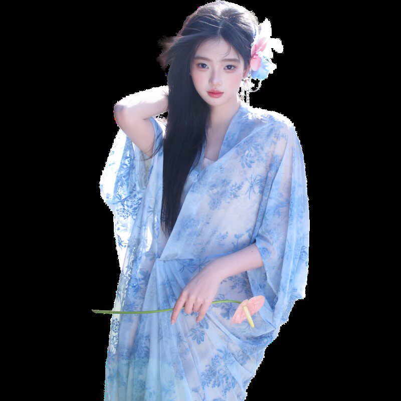 影楼新款拍照日式改良蓝色花卉印花连衣裙女个人写真拍照摄影服装