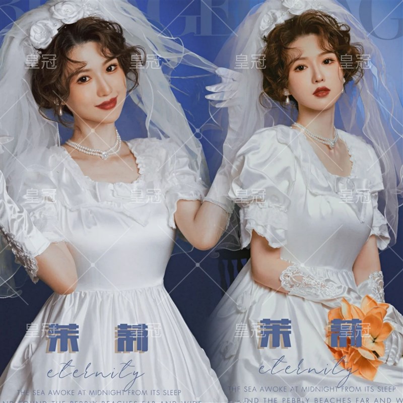 新款80妈妈年代古董婚纱写真主题复古宫廷白纱少女艺术照摄影礼服
