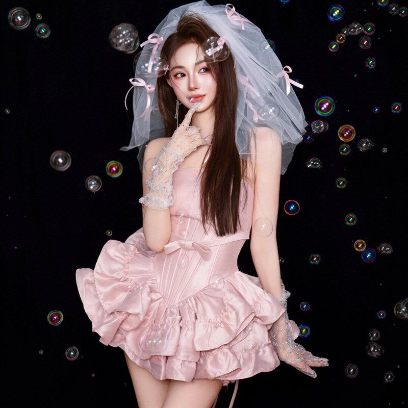 影楼韩系画报风甜美公主风生日照片粉色蛋糕裙礼服拍照写真艺术照