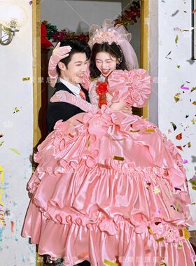 照相馆年代感港风甜美风粉色泡泡袖婚纱重工喜嫁复古蓬蓬裙婚纱礼