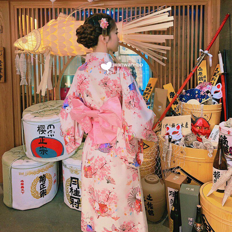 神明少女日式和风粉色祈愿兔浴衣女复古连衣裙改良传统正装和服装