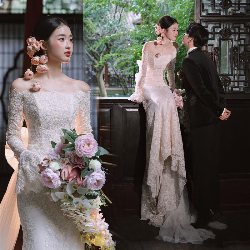 法式园林风一字肩蕾丝婚纱照相馆主题摄影鱼尾裙森系高级感新娘礼