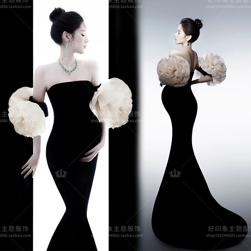 影楼新款孕妇高定服装晚宴展会高级风丝绒礼服孕妈咪写真拍照衣服