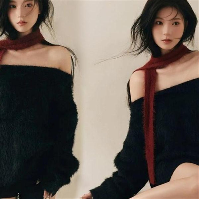 影楼新款慵懒纯欲风斜肩毛衣秋冬时尚个性女孩唯美艺术照摄影服装