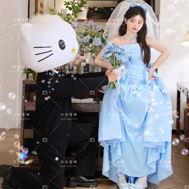 新款照相馆拍照主题婚纱礼服摄影服装蓝色抹胸礼服裙小清新婚纱照