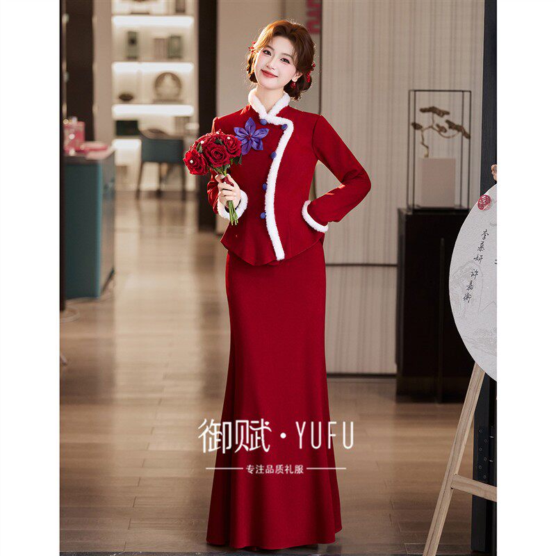 敬酒服新娘红色新中式2026新款秋冬结婚长袖旗袍冬订婚礼服裙冬季