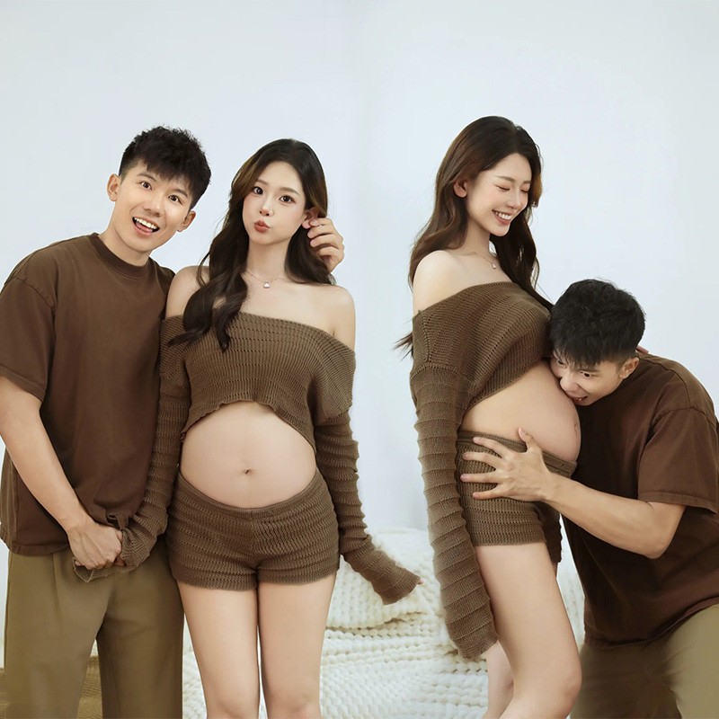 影楼服装孕妇写真套装一字肩针织显瘦两件套甜美温馨艺术写真服饰