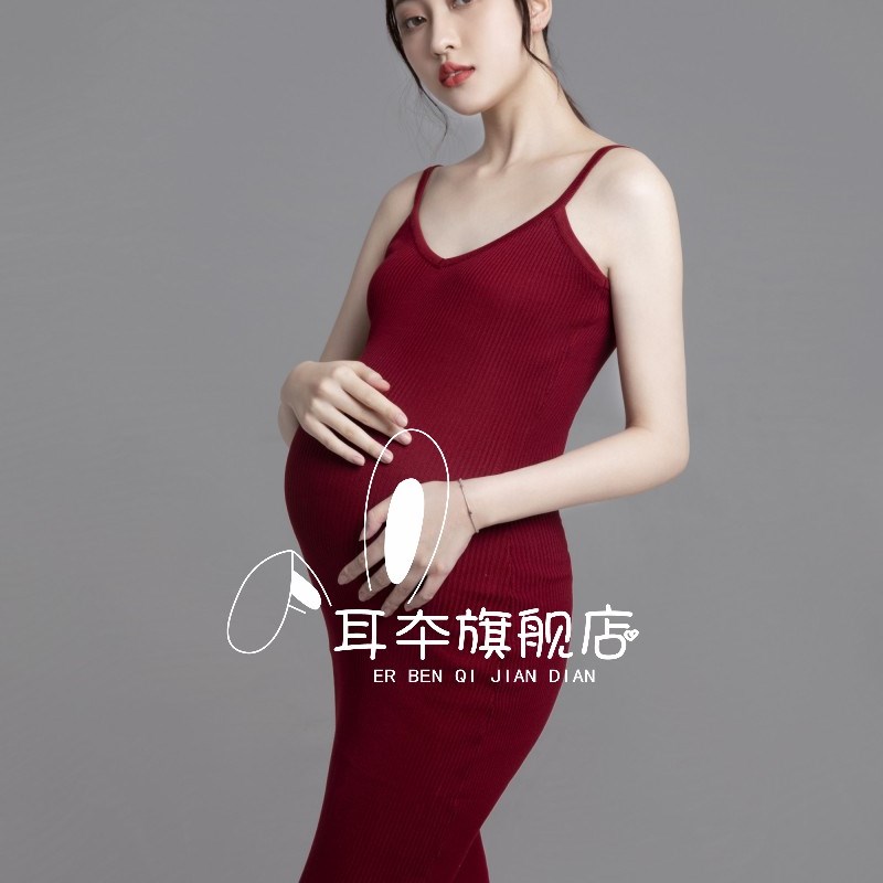 展会新款孕妇拍照服装黑色针织吊带裙影楼个性孕妈咪照写真摄影服