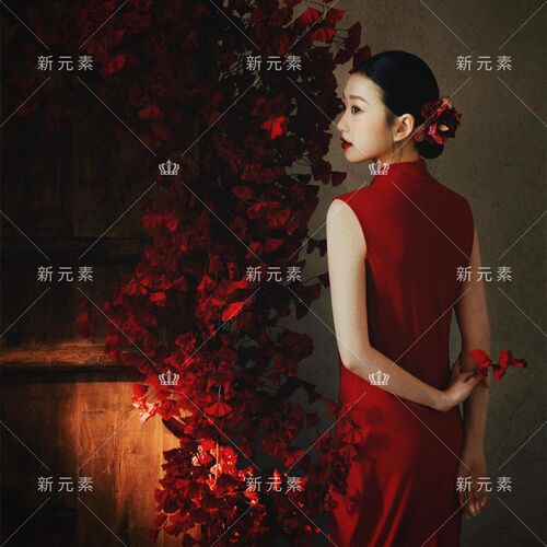 影楼新中式红色旗袍连衣裙女复古国风氛围感气质肖像写真摄影服装