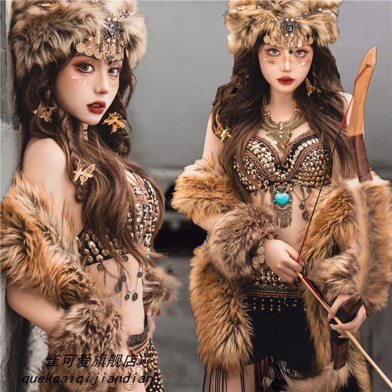 影楼异域风情部落公主旅拍写真摄影服饰仿皮草帽子搭披肩金色套装