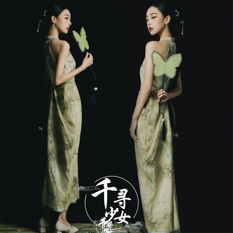新中式风竹叶网纱挂颈露背洋装女清冷系长裙写真艺术照摄影服装