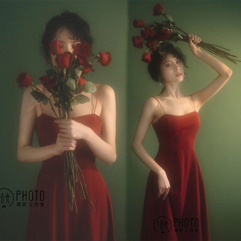 影楼主题婚纱复古港风女私房艺术照写真服装简约时尚唯美露背礼服