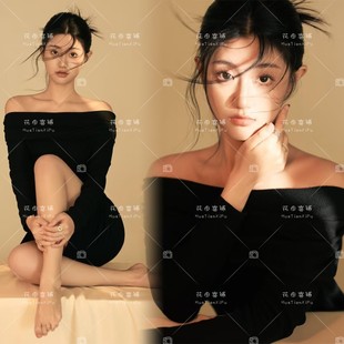 影楼新款慵懒纯欲风黑色一字肩毛衣个性女孩光影艺术摄影写真服装