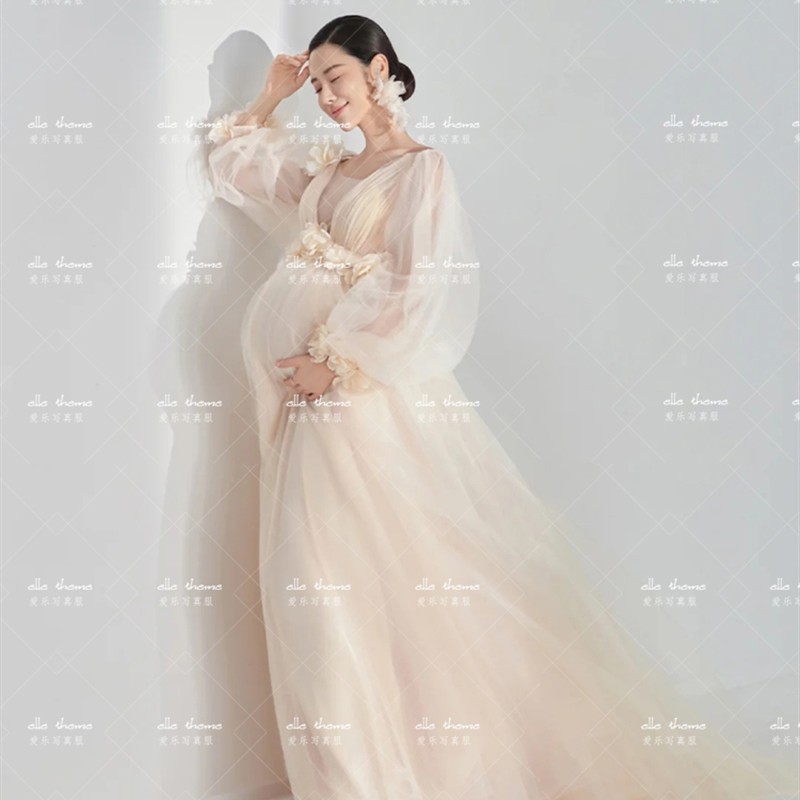 2021新款唯美花仙子香槟色婚纱艺术孕妈写真孕妇装照相馆拍摄服装