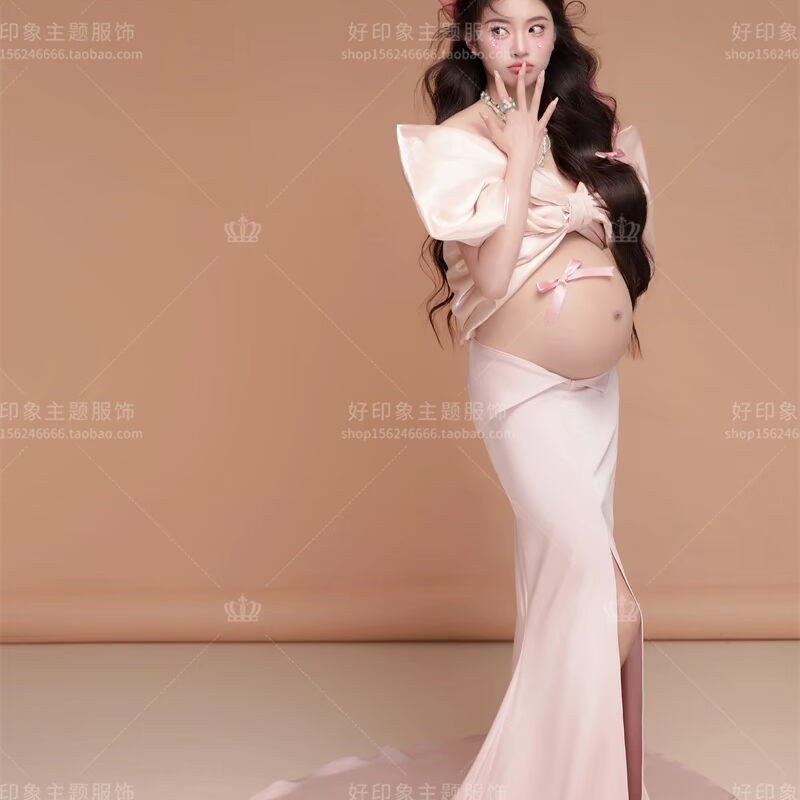 新款影楼孕妇照摄影服装写真时尚可爱粉色蝴蝶结仙气孕妈咪摄影服