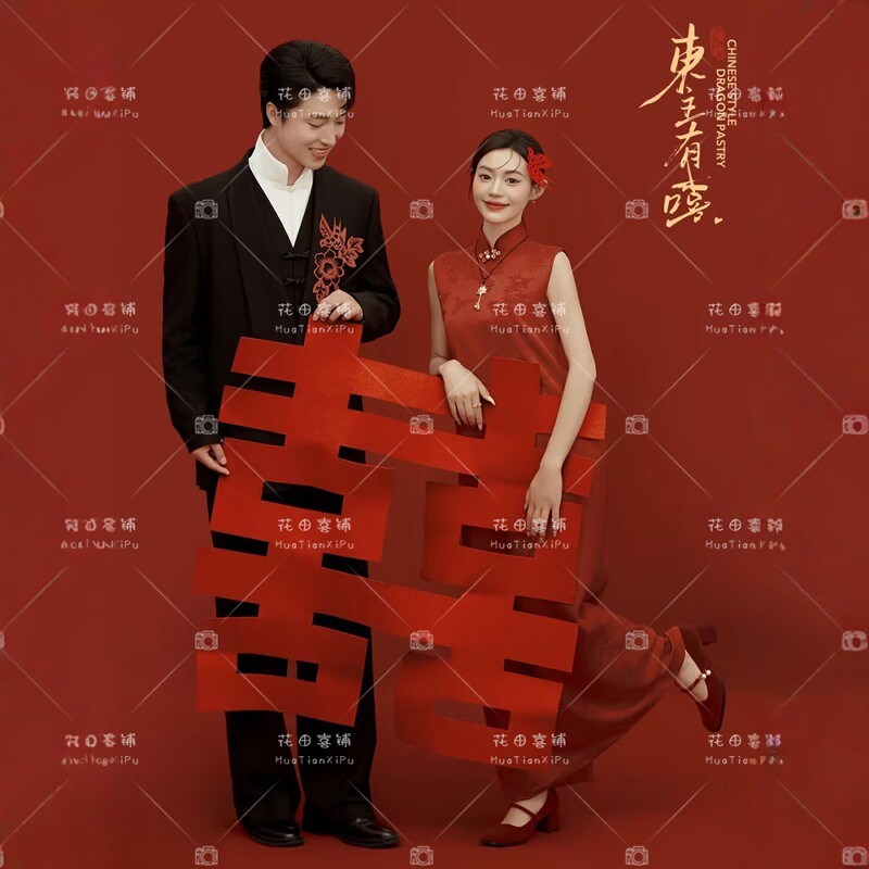 2026影楼新款情侣喜嫁红色旗袍俏皮可爱风婚纱照喜娘敬订婚礼服