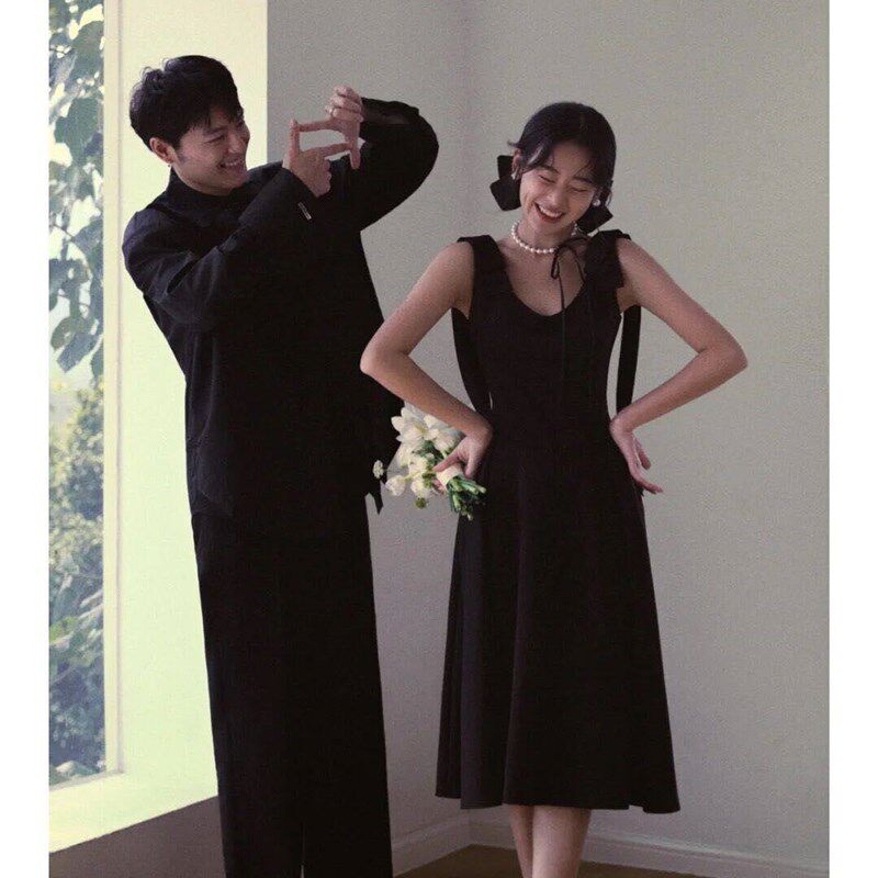2023新款影楼主题拍照服装甜美风短裙情侣婚纱摄影服黑色简约礼服