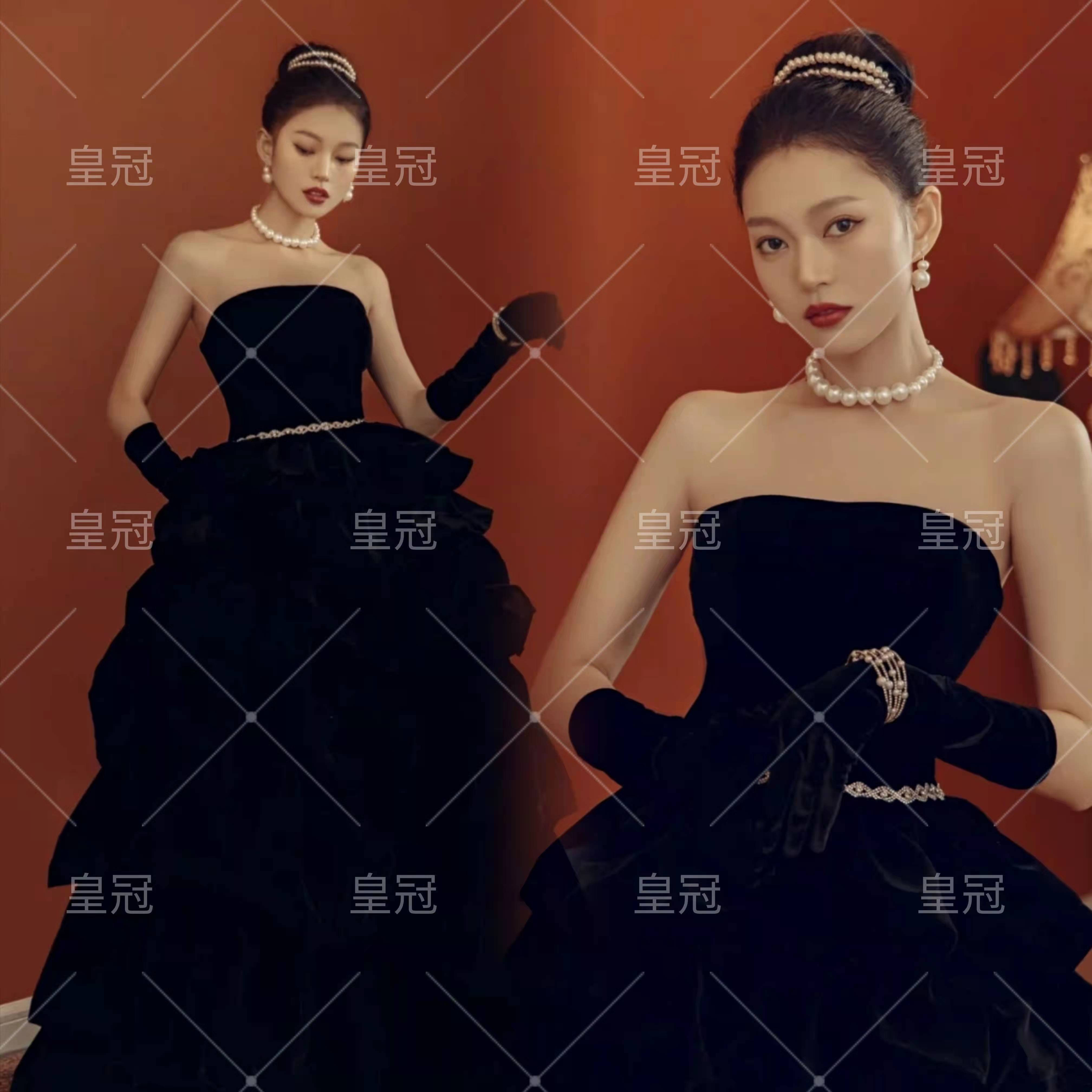 新款影楼写真礼服迪丽热巴同款法式黑丝绒抹胸复古赫本风主题婚纱