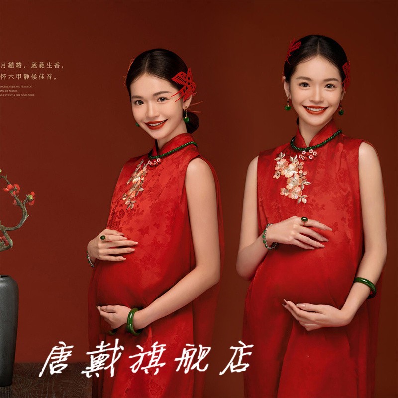 影楼新中式晨袍女孕妈晨拍礼服裙改良旗袍高端敬酒服订婚影楼服饰