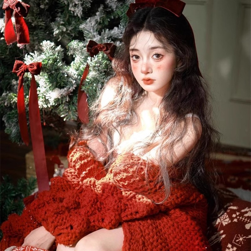 影楼新款个人摄影服装圣诞主题甜美韩系少女风红色针织套装摄影服