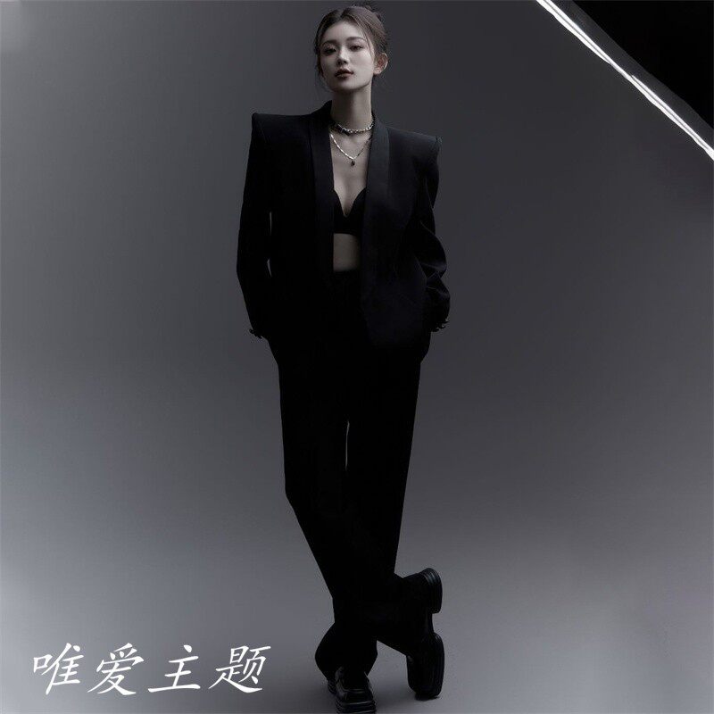 照相馆新款气质高级黑色西装礼服个人职业形象肖像主题艺术拍照服