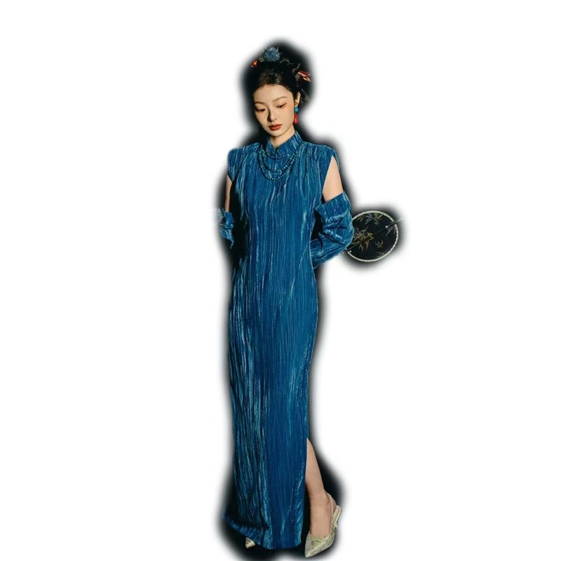 2025照相馆新款新中式国风蓝色旗袍复古个人氛围感写真艺术照服装