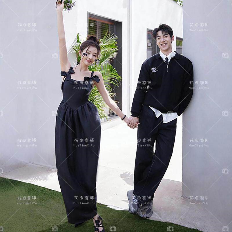 照相馆主题拍照服装婚纱摄影情侣街拍黑色缎面吊带韩系少女简约礼