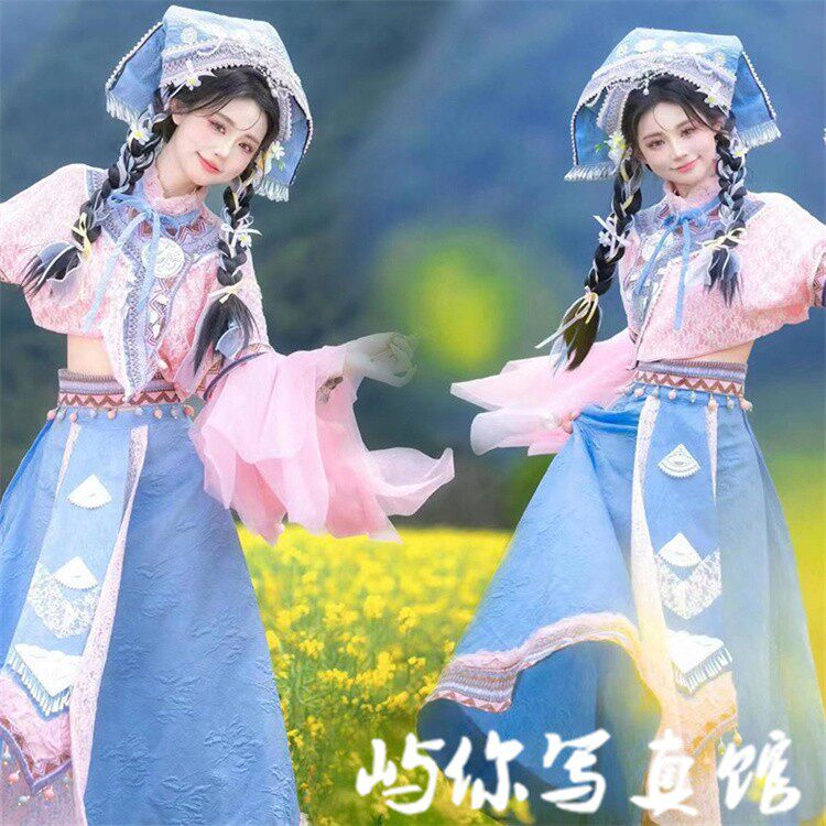新款粉色改良壮族西双版纳少女云南丽江三月三旅拍民族风写真服饰