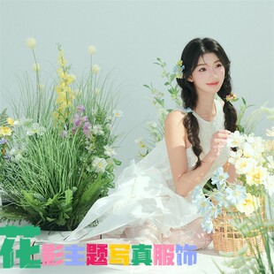 影楼新款 甜美少女风白色蝴蝶结一字肩连衣裙女影楼写真艺术服装