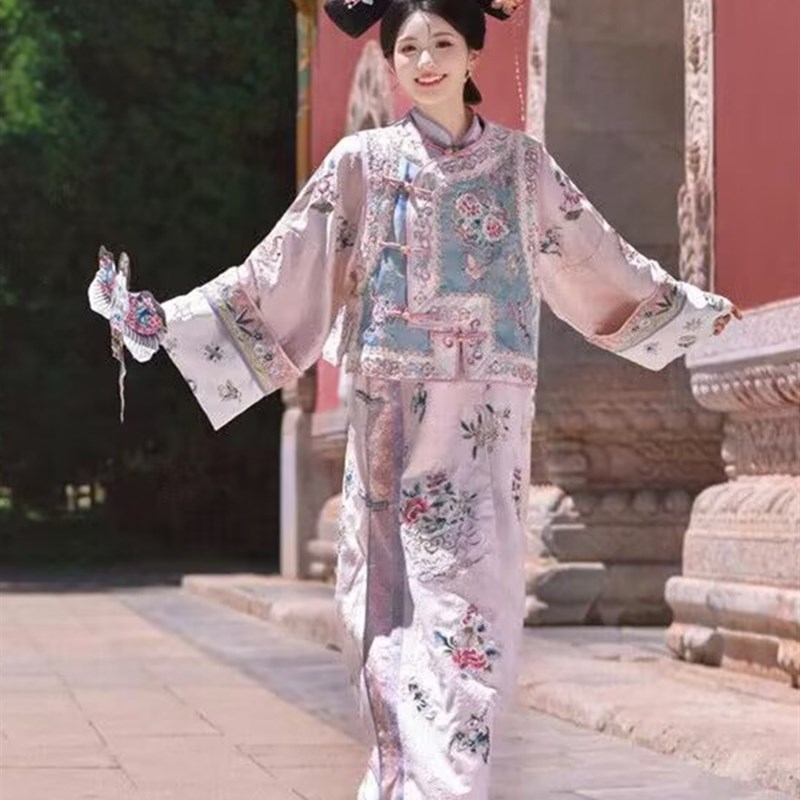 汉服女清代印花古装清朝延吉公主旗袍宫廷格格服两件套旅拍服装女