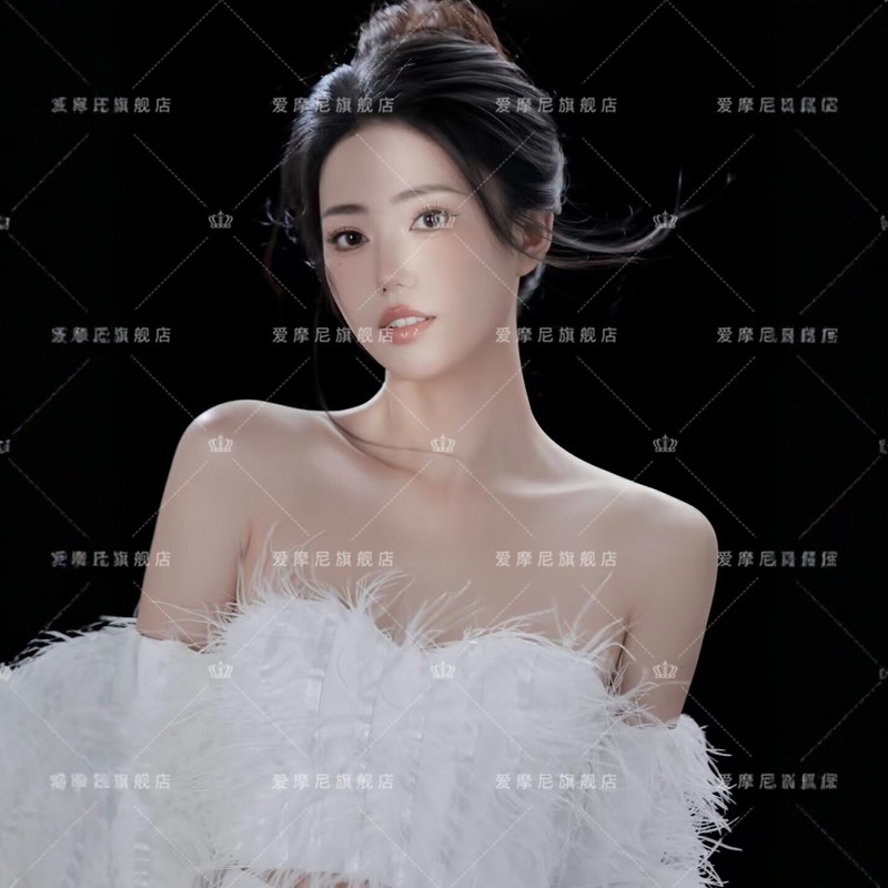 影楼拍照服装财阀千金奢华羽毛分体一字肩礼服个人写真艺术照服装