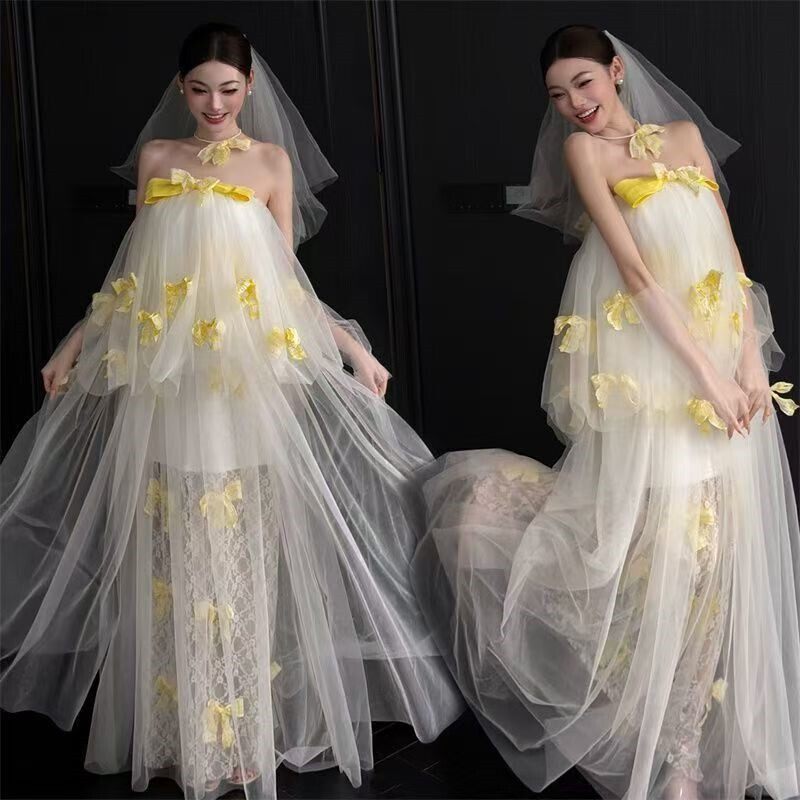 影楼新款晨袍梦幻甜美风蝴蝶结轻婚纱新娘礼服订婚宴敬酒服连衣裙