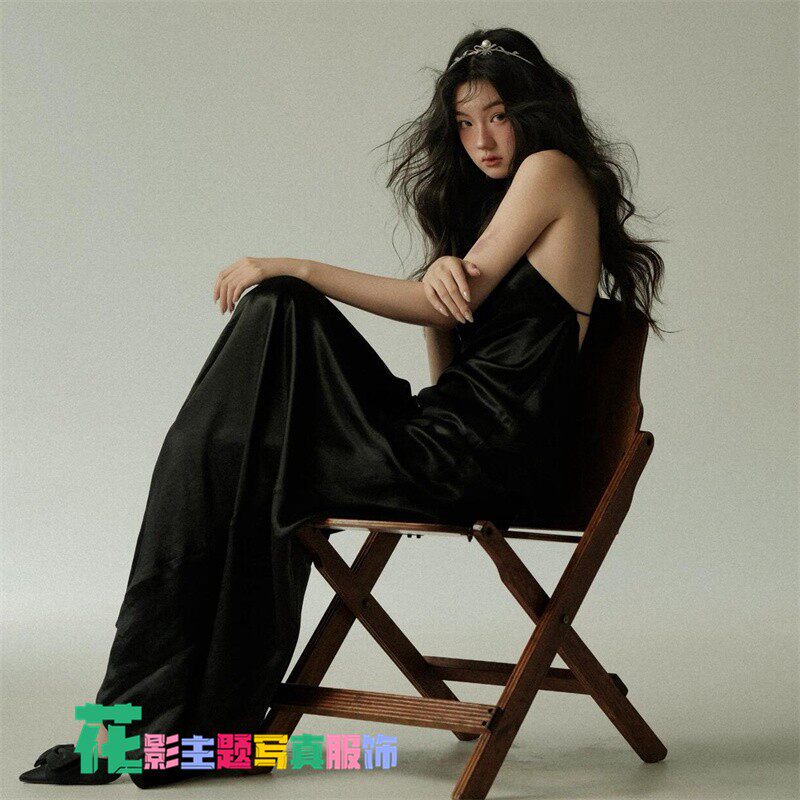影楼辣妹性感露背连衣裙新款收腰小黑裙黑色气质吊带长裙裙子女