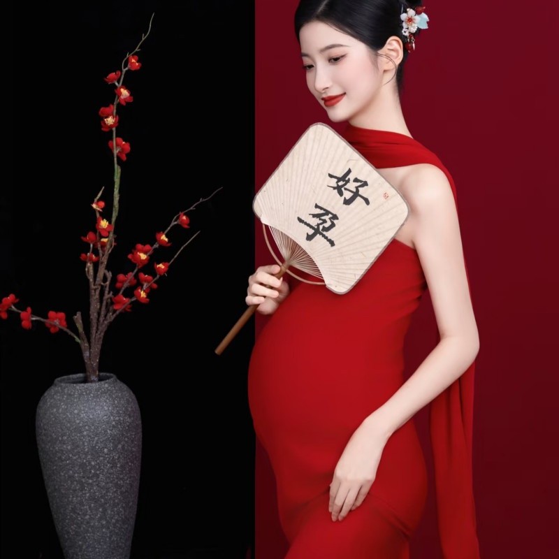 影楼新款孕妇照新中式复古红色抹胸连衣裙妈咪艺术照写真摄影服装