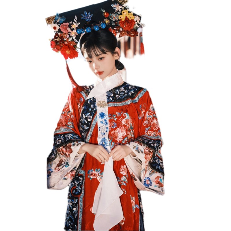 新款宫廷风清代红色印花格格服新中式清朝汉服女旅拍写真摄影服装