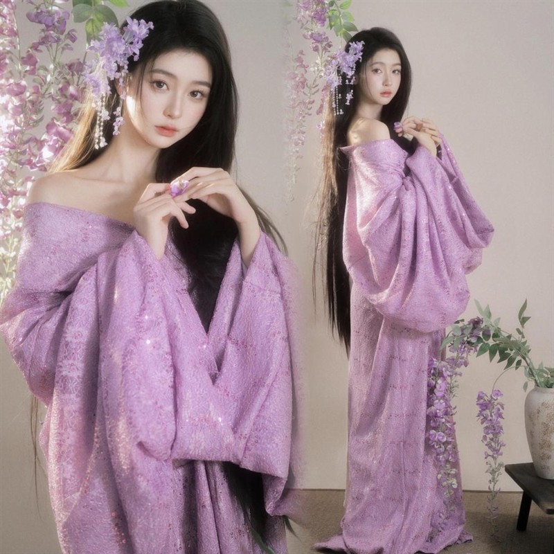 影楼新款紫色蕾丝亮片战国袍汉服女仙气写真古装摄影写真摄影服装