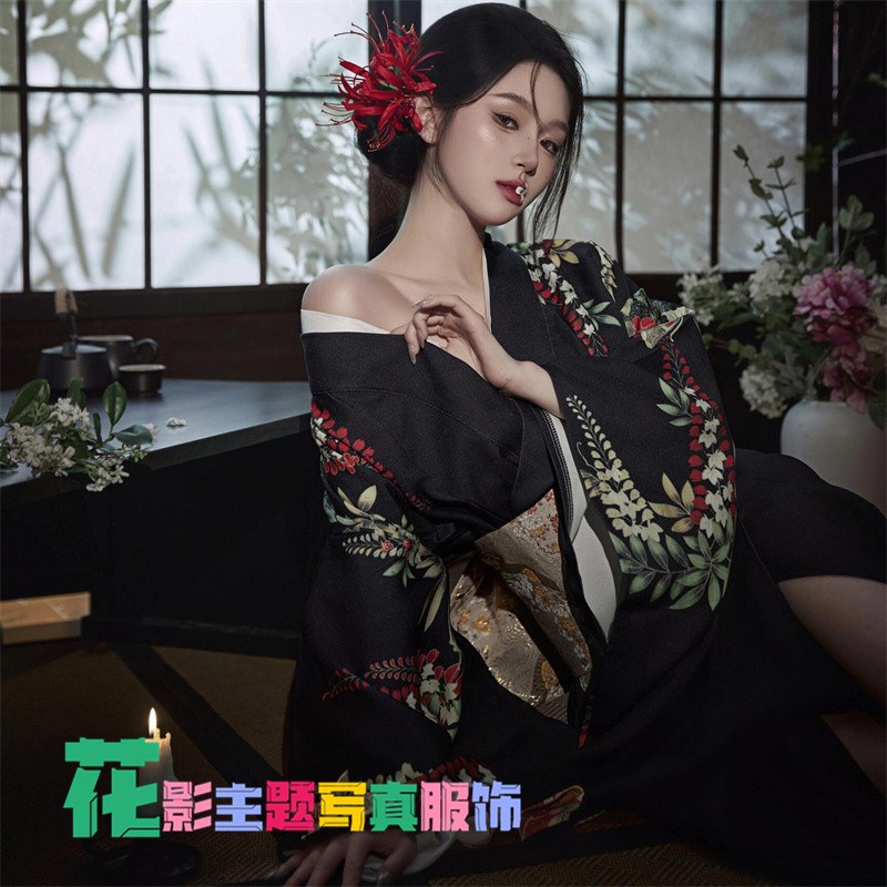 新款和服浴衣女日式传统四季改良黑色系霸气和风服装日本和服套装
