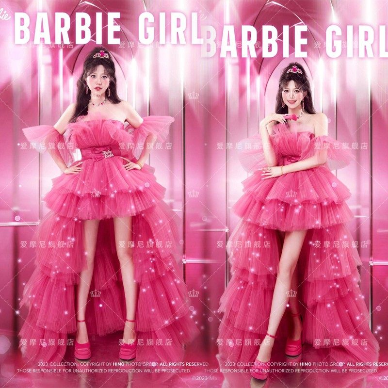 影楼新款公主裙粉色多巴胺少女芭比风生日礼服抹胸婚纱蛋糕裙年会